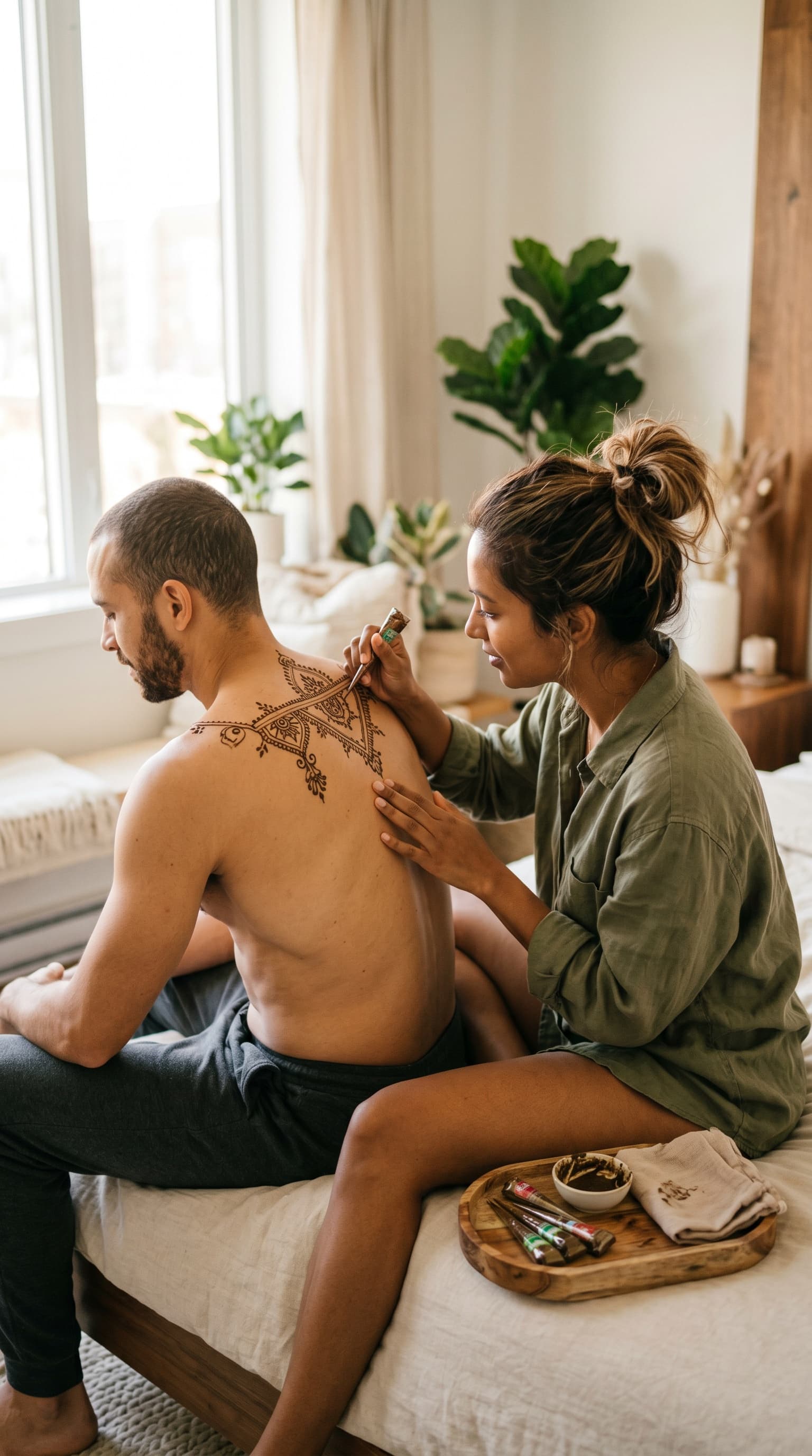 A couple on the bed with a tray of henna cones, finishing a large back-piece design