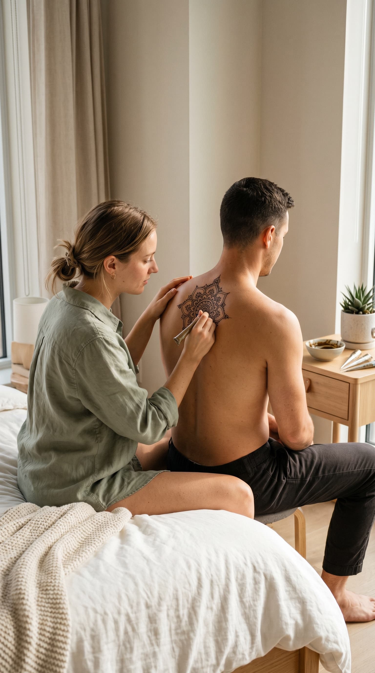 One partner drawing a henna mandala on the other's back, sitting on the bed at home